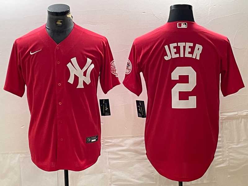 Men%27s New York Yankees #2 Derek Jeter Red Fashion Cool Base Jersey->new york yankees->MLB Jersey